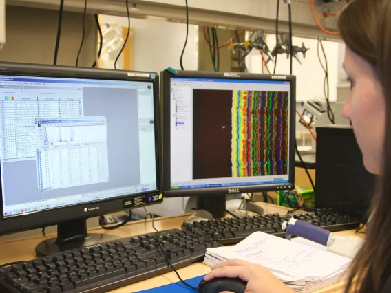 Technician views computer screens of fragment analysis data