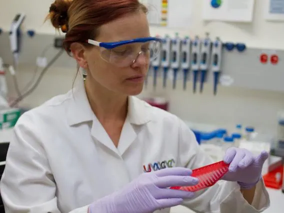 A woman wearing safety goggles holds a tray of samples